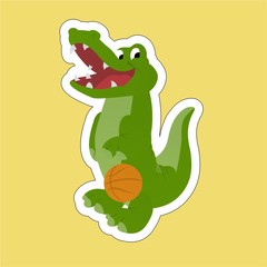 Sticker of Crocodile Playing Basketball While Smiling Cartoon, Cute Funny Character, Flat Design