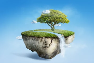 Poster fantasy floating island with river stream on green grass with tree, surreal float landscape with waterfall paradise concept on blue sky cloud 3d illustration © redtiger9