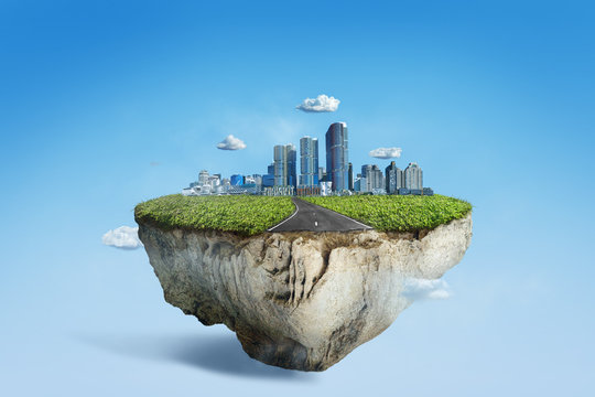 Amazing floating island with cityscape and rural road, 3D float rock and grass with modern city
