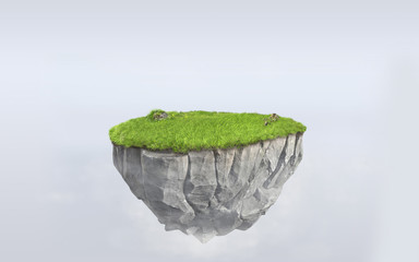 3d paradise rock floating island with green grass field, surrealism 3d rendering float stone land isolated on white background