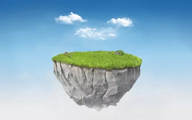 Foto op Canvas 3d paradise rock floating island with green grass field, surrealism 3d rendering float stone land isolated on blue sky with clouds © redtiger9
