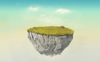 3d paradise rock floating island with green grass field, surrealism 3d rendering float stone land isolated on pastel cyan sky © redtiger9