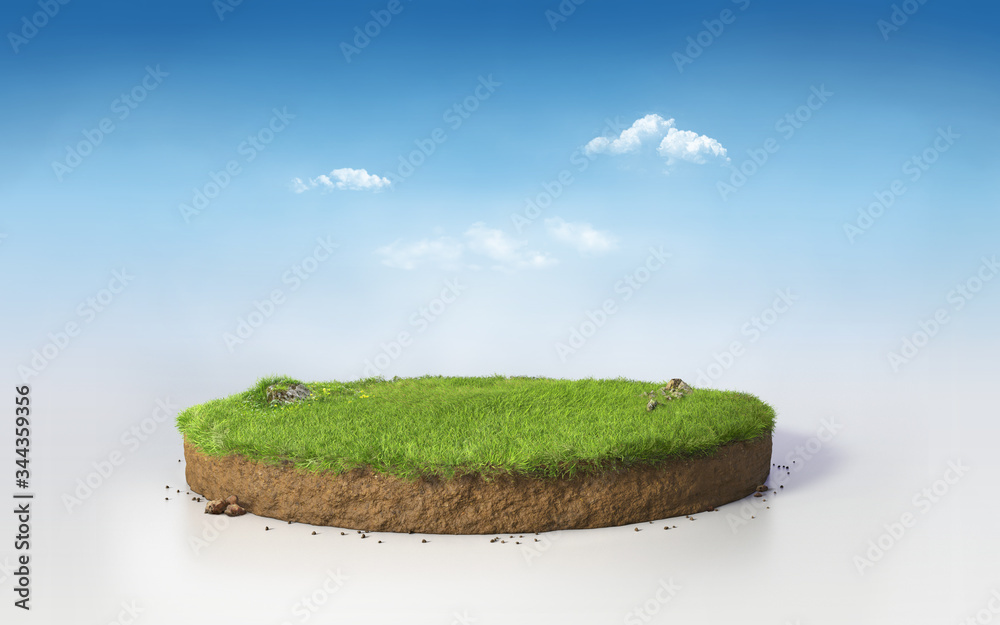 Wall mural fantasy 3d rendering circle podium grass field, paradise 3d illustration round soil mockup cross sec