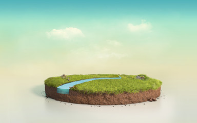 Fantasy 3D rendering circle podium grass field with river, surreal 3D Illustration round soil cutaway cross section isolated on surreal cyan twilight