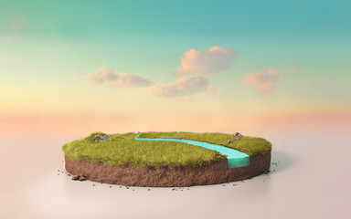Fantasy 3D rendering circle podium grass field with river, surreal 3D Illustration round soil cutaway cross section isolated on pastel cyan dusk sky