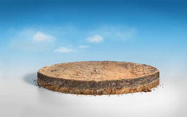 Realistic 3D round cutaway terrain floor with rock isolated, 3D rendering circle soil ground cross section with earth land on blue sky