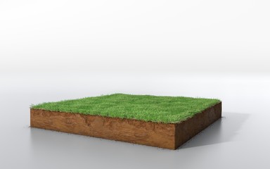 cubical soil land geology cross section with green grass, 3D Illustration earth mud ecology cut away isolated