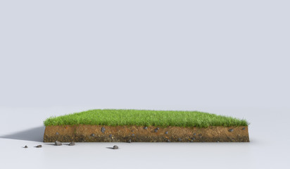 3D Illustration soil ground cross section with earth land and green grass, realistic 3D rendering cutaway terrain floor with rock isolated