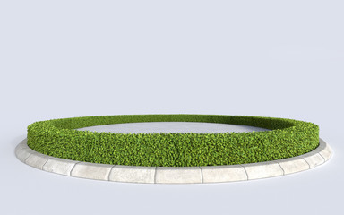 circle green grass botany island with concrete floor, 3D illustration of round plant stage for event concept