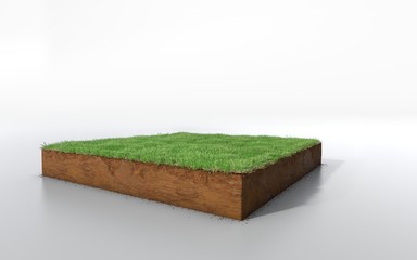 cubical soil land geology cross section with green grass, 3D Illustration earth mud ecology cut away isolated