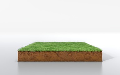 cubical soil land geology cross section with green grass, 3D Illustration earth mud ecology cut away isolated