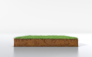 cubical soil land geology cross section with green grass, 3D Illustration earth mud ecology cut away isolated
