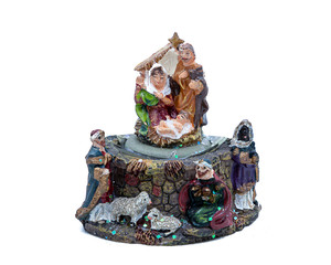 antique Christmas nativity scene decoration on white background