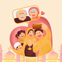 Muslim Family Contact Their Elder or Parents In Smartphone Video Call to Show Their Love in Eid Mubarak Celebration