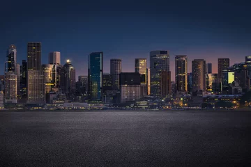 Fototapete Skyline Sydney urban cityscape skyline night scene with empty asphalt floor, modern city in business district with tar road  © redtiger9