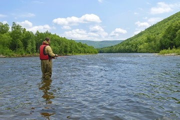 Fishing on the mountain river. Koppi river. Sikhote-Alin mountain ridge. Khabarovsk region, far East, Russia. 