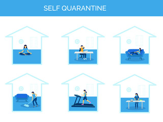 Vector collection young people doing activities different at home,
Illustration about self quarantine for
prevention coronavirus. 