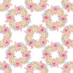 Seamless pattern with hand painted watercolor roses and leaves inspired by garden nature and plants. Romantic floral background perfect for textile, decorative paper or scrapbooking
