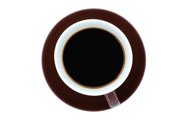 Black Coffee on white blackground, Top view with morning sunlight