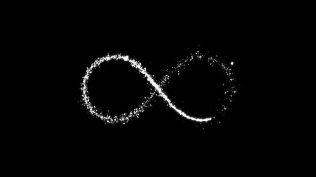 Seamless looping infinity symbol. Endless Infinity logo with flowing silver dust and particles.