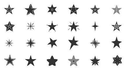 Star black icon set. Abstract template different shape stars. Empty starry sign for design logo. Silhouette classic rank reward in game or web site premium rating Isolated on white vector illustration