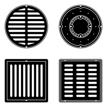 A set of vector sewer covers isolated on a white background. Can represent sewage, maintenance, city services, sanitation, a manhole cover, a drain, a restroom, and sewers.