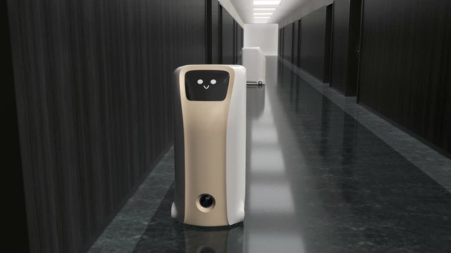 Delivery robot delivering parcel in hotel. Touchless delivery concept.  3D rendering animation.