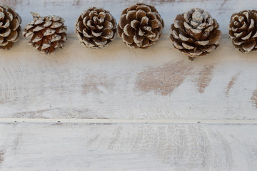 Dried pine balls on a white vintage wooden