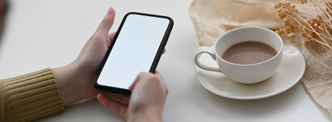 Close up view of female freelancer using mock-up smartphone to contact customer