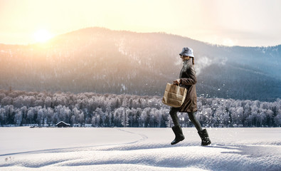 Housewife walking with shopping bags