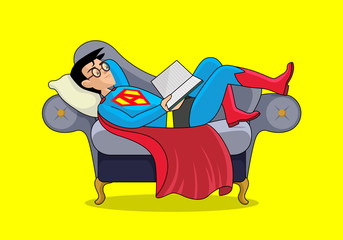 Relaxed superhero at home reading book on a sofa. A comic book cartoon character. Stay at home relaxing during corona virus outbreak concept poster template or banner. Be a super hero.