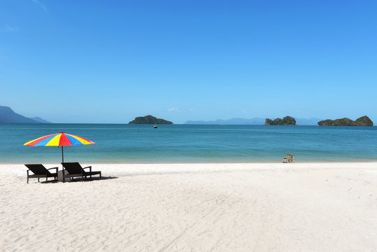 Tanjung rhu beach, Langkawi island Malaysia. Beautiful beach over the bkue sky background.