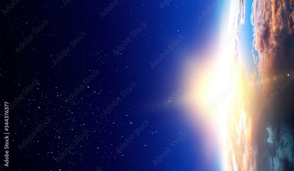 Poster earth with sunrise on blue space background