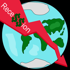 World map globe and red arrow with recession word. Concept of global financial crisis