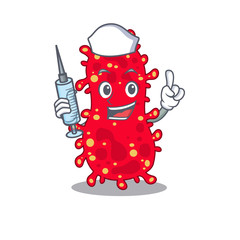 Naklejka premium A nice nurse of moraxella mascot design concept with a syringe