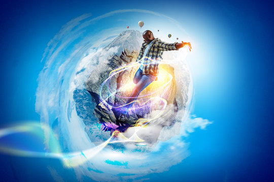 Black man in casual clothes in motion