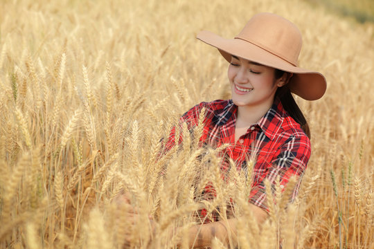 Young woman farmer waring scoth shirt color red with hat sitting in the golden barley farmland and very happy with productivity at Chiangmai Thailand.