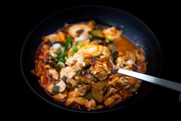 Korean spicy silken tofu stew which is called Sundubu Jjigae