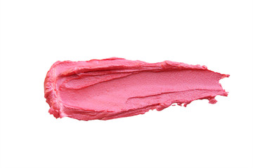 lipstick abstract brush strokes stain background pearl texture pink red color with sparkles isolated on white, sample makeup, natural cosmetics concept