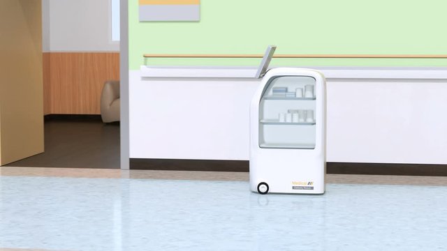 Medical delivery robots working in hospital. Infection prevention concept. 3D rendering animation.