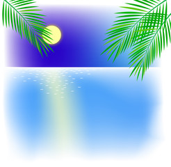 Fototapeta na wymiar moon road on the sea at night with palm trees