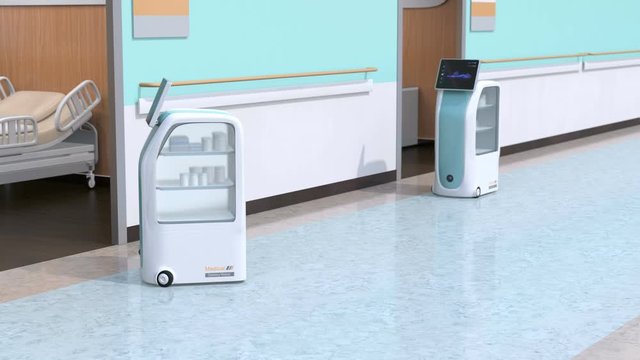 Medical delivery robots working in hospital. Infection prevention concept. 3D rendering animation.