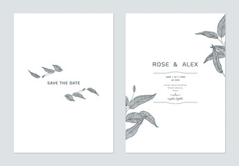 Minimalist wedding invitation card template design, eucalyptus leaves line art ink drawing on white