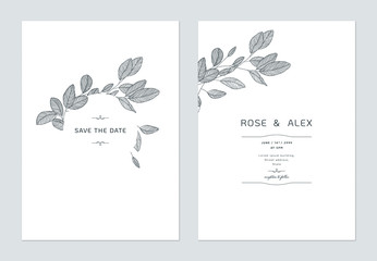 Minimalist wedding invitation card template design, eucalyptus line art ink drawing on white © momosama