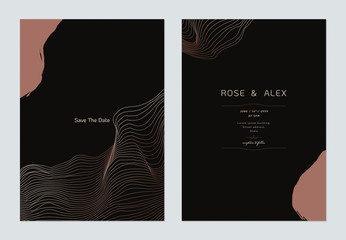 Minimalist wedding invitation card template design, abstract line art ink drawing in rose gold on dark brown