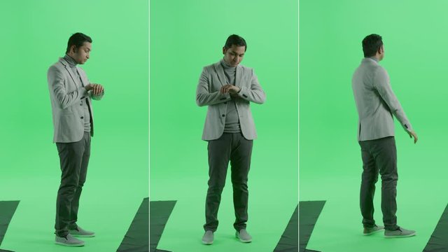 3-in-1 Green Screen Collage: Handsome Indian Businessman in a Suit Standing, Waiting, Checking Watch. Multiple Angle Best Value Pack: Front, Semi-Side and Back Views. Chroma Key Background Montage