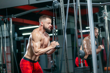 Strong muscular man is training his triceps using sport equipment in the modern gym