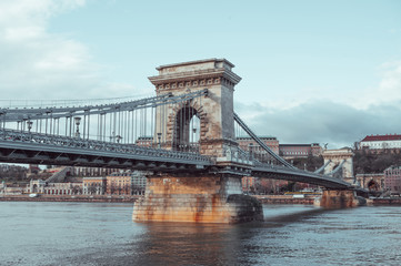 Naklejka premium Chain bridge on Danube river in Budapest city. Hungary.