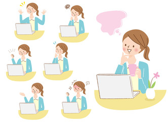 人物　パソコン　若い女性　表情セット