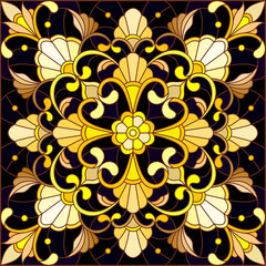 Illustration in stained glass style with floral ornament ,imitation gold on dark background with swirls and floral motif, square image